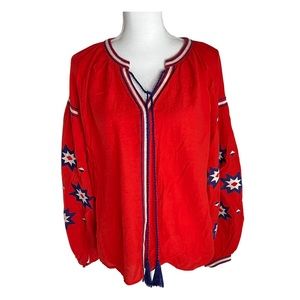 Chelsea & Violet Red Embroidered Long Puff Sleeve Blouse Size S